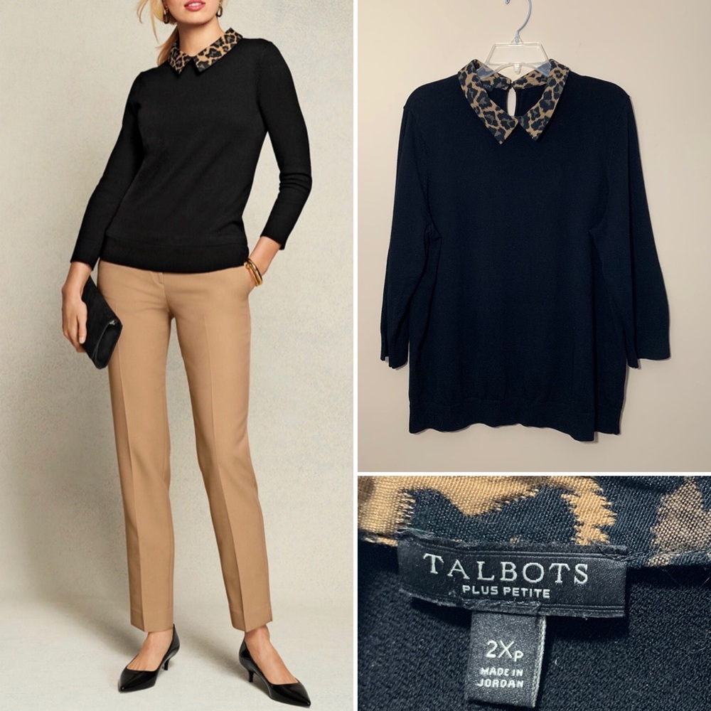 Talbots black sweater with leopard collar and 3/4 sleeves. Size 2XP